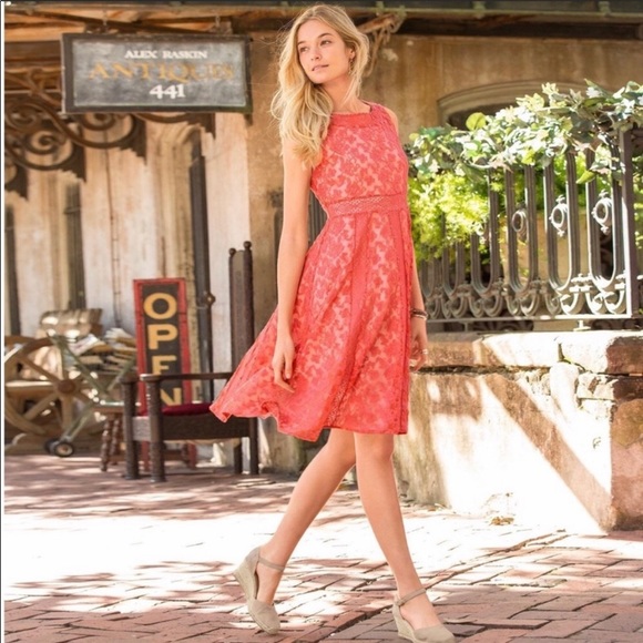 Sundance Emma Coral Orange Lace Cutout Flare Dress - 4 - Picture 2 of 12